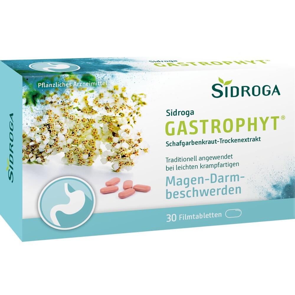 Verpackung eines pflanzlichen Medikaments gegen Magen-Darm-Beschwerden mit 30 Tabletten.