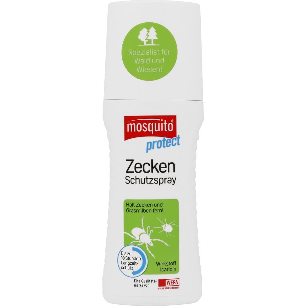 Ein weißes Spray für Zeckenschutz mit grünem Etikett gegen Zecken und Grasmilben.