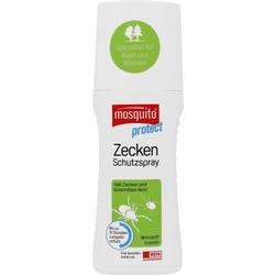 Ein weißes Spray für Zeckenschutz mit grünem Etikett gegen Zecken und Grasmilben.