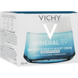 Weiße Verpackung einer Vichy Feuchtigkeitscreme für empfindliche Haut.